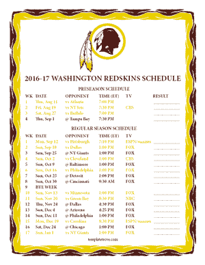 Washington Redskins 2016-17 Printable Schedule