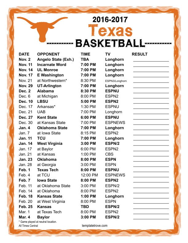 Printable 20162017 Texas Longhorns Basketball Schedule