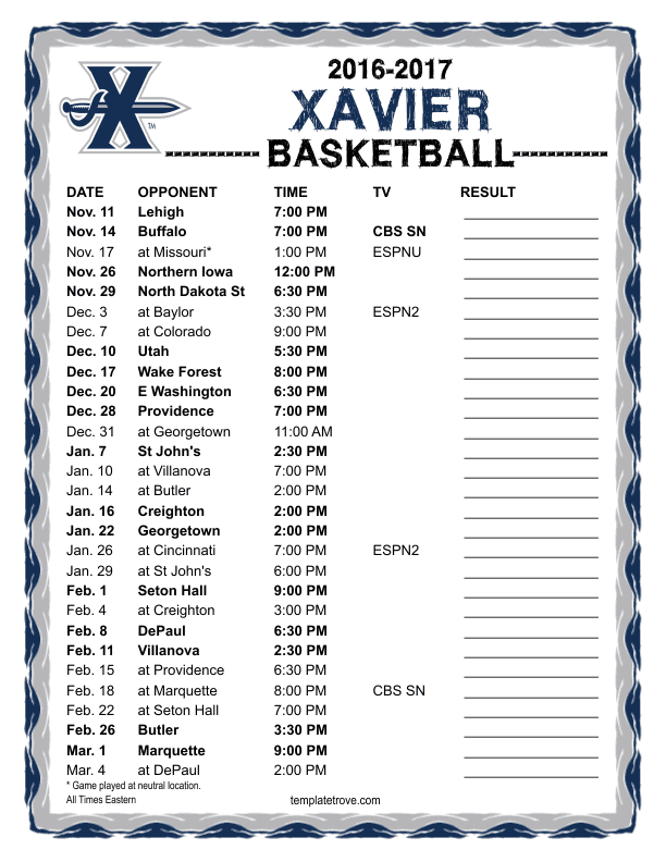 Printable 20162017 Xavier Musketeers Basketball Schedule