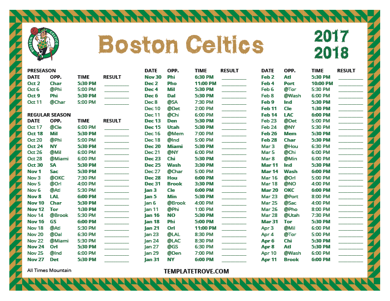 Printable 2017-2018 Boston Celtics Schedule
