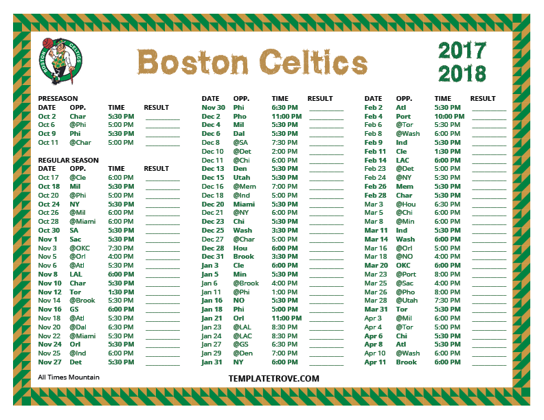 Celtics Schedule Printable Printable World Holiday