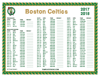 Boston Celtics 2017-18 Printable Schedule