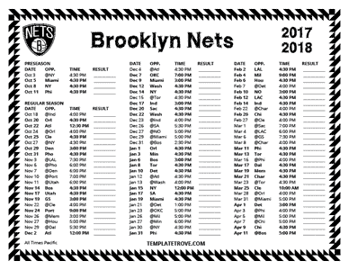 Brooklyn Nets 2017-18 Printable Schedule - Pacific Times