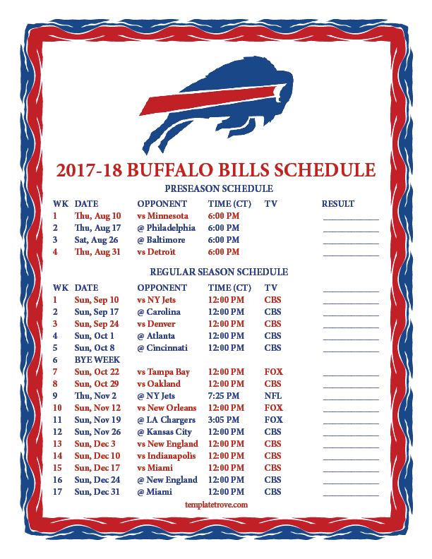 Arbejdsløs Teasing Kassér Printable 2017-2018 Buffalo Bills Schedule