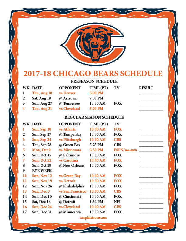 Printable 2017 2018 Chicago Bears Schedule