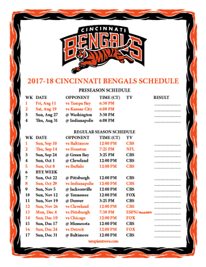 Cincinnati Bengals 2017-18 Printable Schedule - Central Times