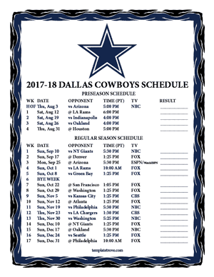 Dallas Cowboys 2017-18 Printable Schedule - Pacific Times