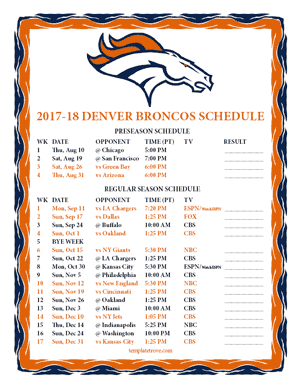 Denver Broncos 2017-18 Printable Schedule - Pacific Times