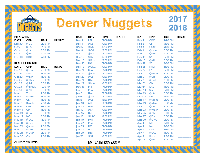 Printable 2017 2018 Denver Nuggets Schedule