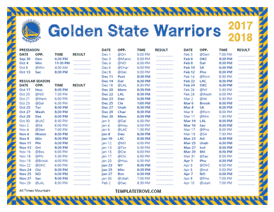 Golden State Warriors 2017-18 Printable Schedule - Mountain Times