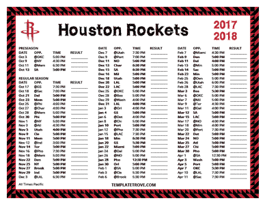 Houston Rockets 2017-18 Printable Schedule - Pacific Times