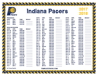 Indiana Pacers 2017-18 Printable Schedule - Pacific Times