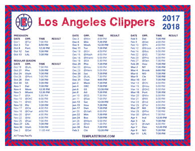Los Angeles Clippers 2017-18 Printable Schedule - Pacific Times