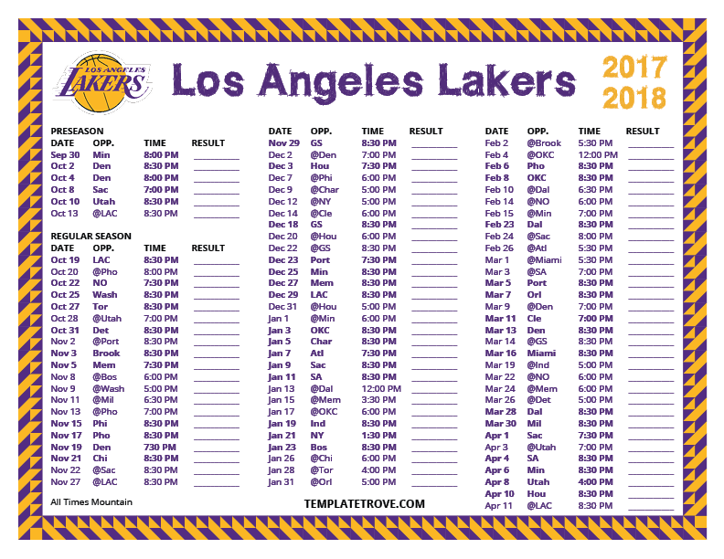 Lakers Schedule 2022 Printable 2017-2018 Los Angeles Lakers Schedule