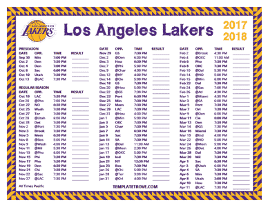 Los Angeles Lakers 2017-18 Printable Schedule - Pacific Times