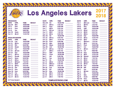 Los Angeles Lakers 2017-18 Printable Schedule