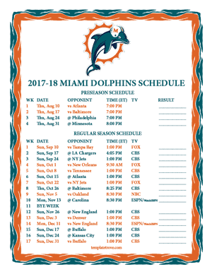 Miami Dolphins 2017-18 Printable Schedule