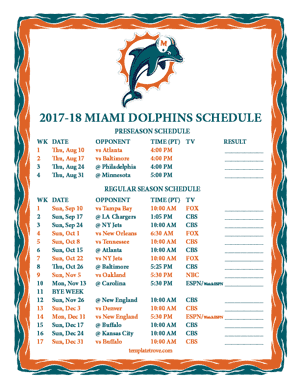Miami Dolphins 2017-18 Printable Schedule - Pacific Times