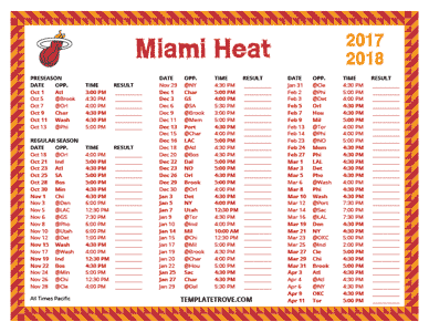 Miami Heat 2017-18 Printable Schedule - Pacific Times