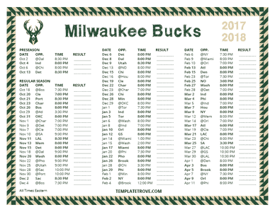 Milwaukee Bucks 2017-18 Printable Schedule