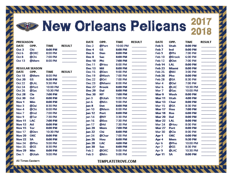 Printable 20172018 New Orleans Pelicans Schedule