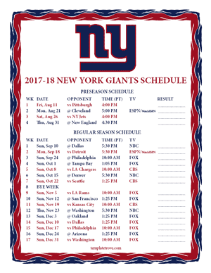 New York Giants 2017-18 Printable Schedule - Pacific Times