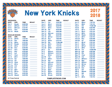 2017-18 Printable New York Knicks Schedule - Central Times