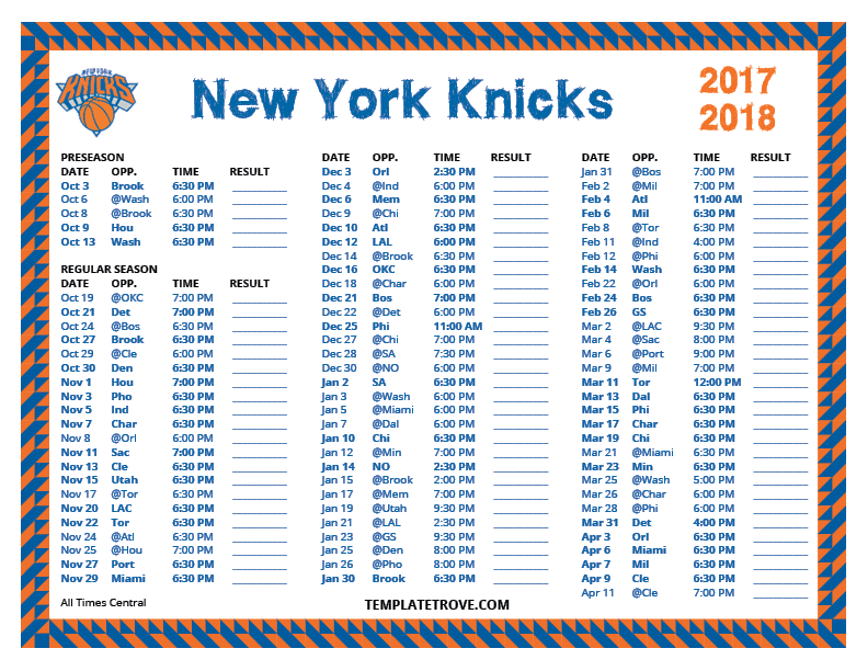 Knicks 2022 Schedule Printable 2017-2018 New York Knicks Schedule
