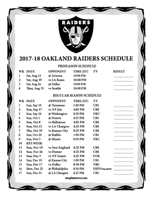 Oakland Raiders 2017-18 Printable Schedule