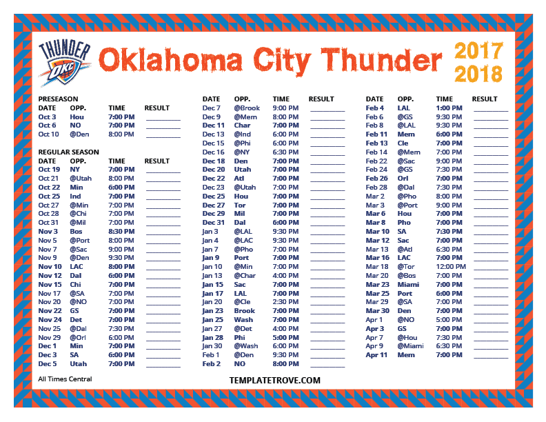 Printable 2017-2018 Oklahoma City Thunder Schedule