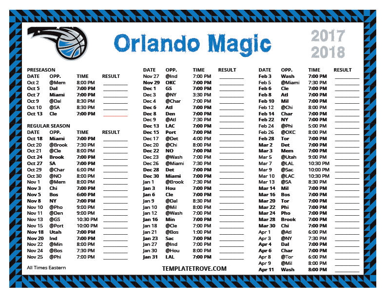 Printable 2017-2018 Orlando Magic Schedule