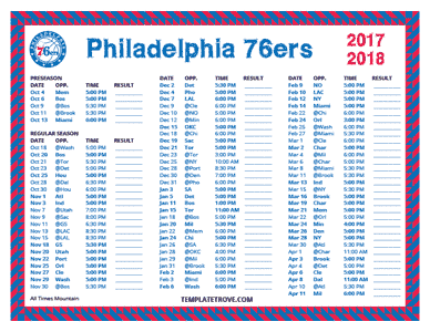 Philadelphia 76ers 2017-18 Printable Schedule - Mountain Times