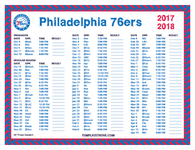 Philadelphia 76ers 2017-18 Printable Schedule