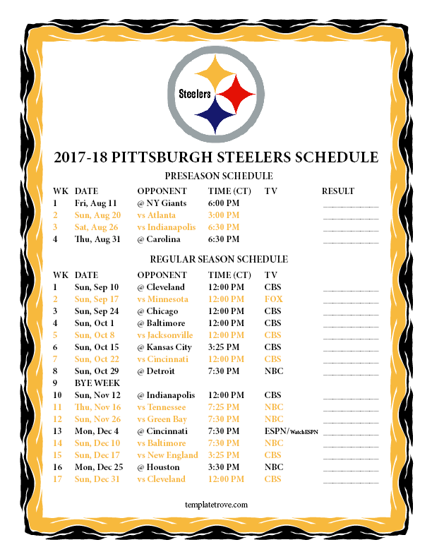Printable 17 18 Pittsburgh Steelers Schedule