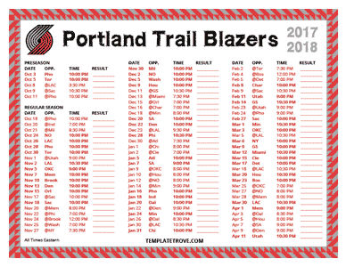 Portland Trail Blazers 2017-18 Printable Schedule