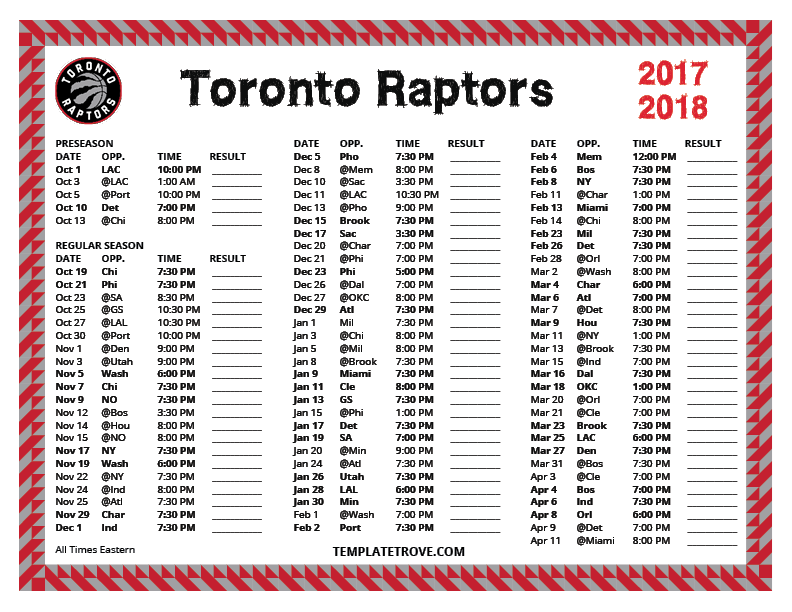 Printable 20172018 Toronto Raptors Schedule