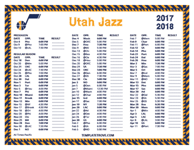 Utah Jazz 2017-18 Printable Schedule - Pacific Times