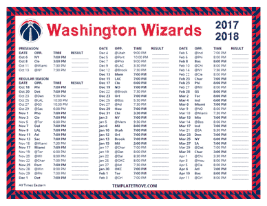 Washington Wizards 2017-18 Printable Schedule