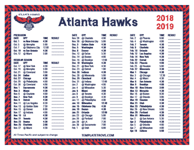 Atlanta Hawks 2018-19 Printable Schedule - Pacific Times