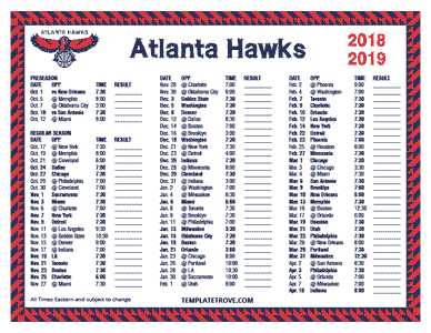 Atlanta Hawks 2018-19 Printable Schedule