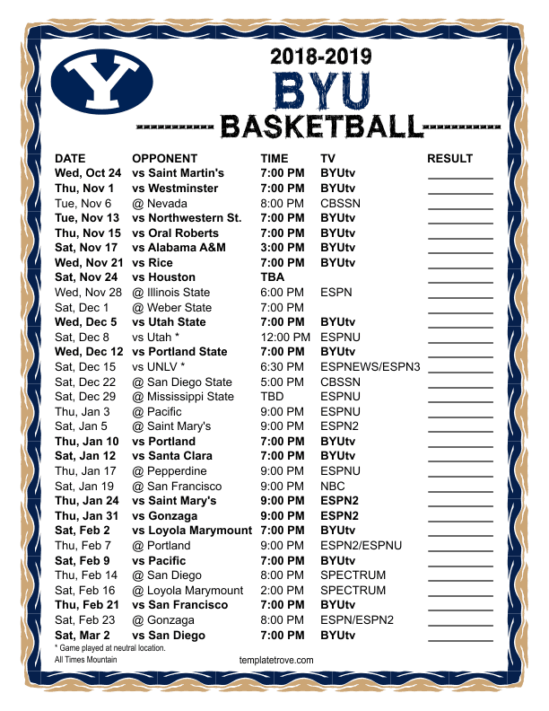 Printable 20182019 BYU Cougars Basketball Schedule