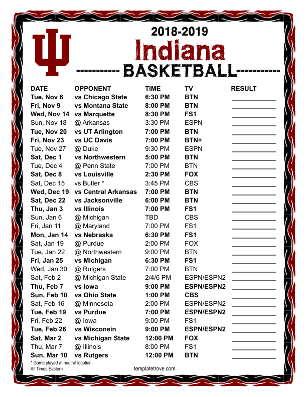 Printable Iu Basketball Schedule 2018 19 Master of Documents