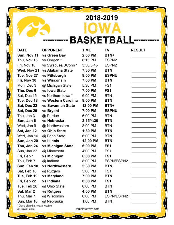 Printable 20182019 Iowa Hawkeyes Basketball Schedule