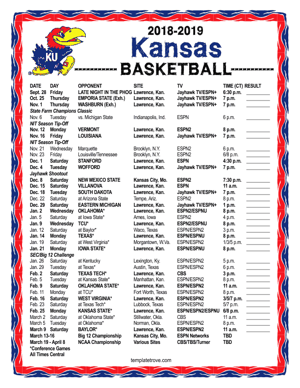Ku Basketball Schedule 2022 Printable Printable 2018-2019 Kansas Jayhawks Basketball Schedule