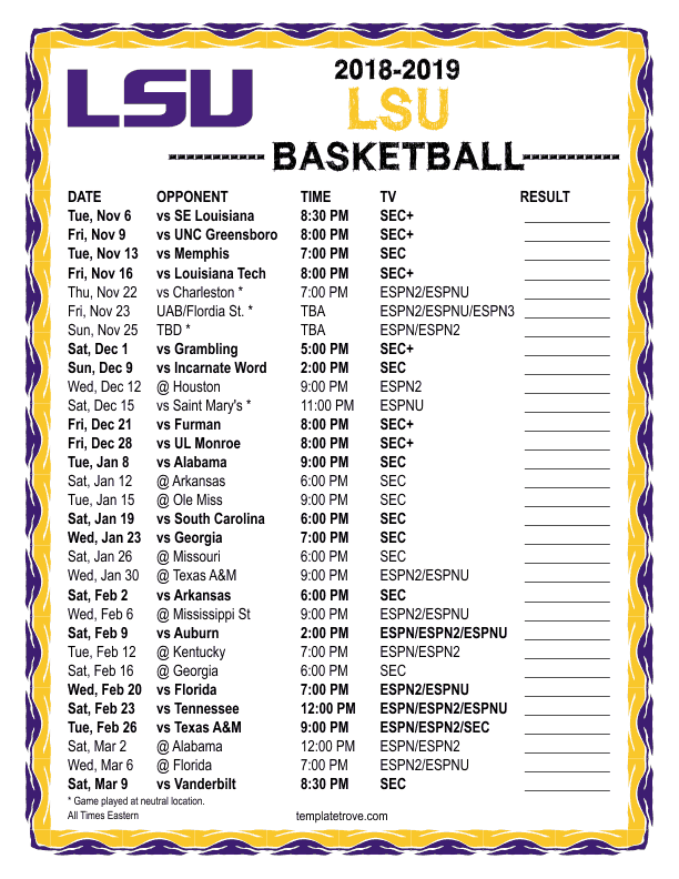 Printable 2018 2019 LSU Tigers Basketball Schedule