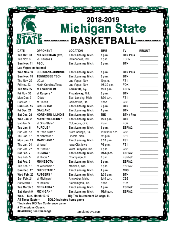 Printable 2018 2019 Michigan State Spartans Basketball Schedule