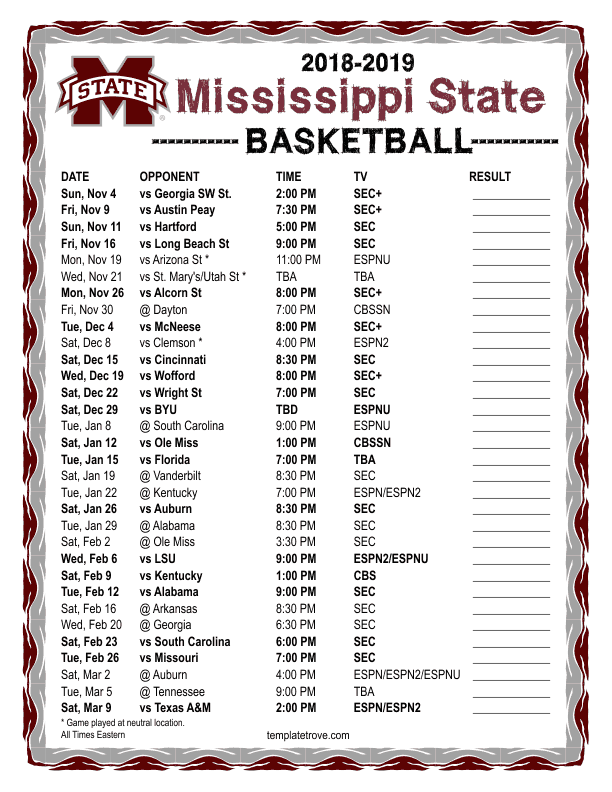 Printable 20182019 Mississippi State Bulldgos Basketball Schedule