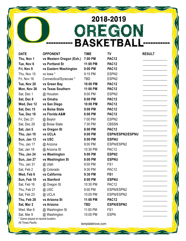 Printable 20182019 Oregon Ducks Basketball Schedule