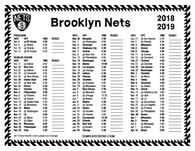 Brooklyn Nets 2018-19 Printable Schedule - Pacific Times