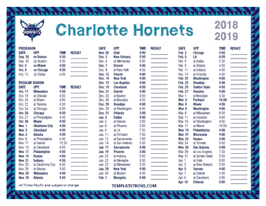Charlotte Hornets 2018-19 Printable Schedule - Pacific Times